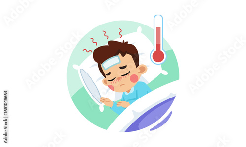 Cartoon illustration of a sick young boy with a high fever resting in bed, a thermometer and cold compress showing symptoms of illness like the flu