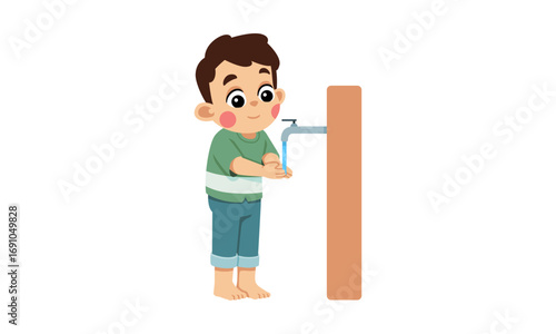 A young boy washes his hands under a faucet, promoting hygiene and cleanliness.