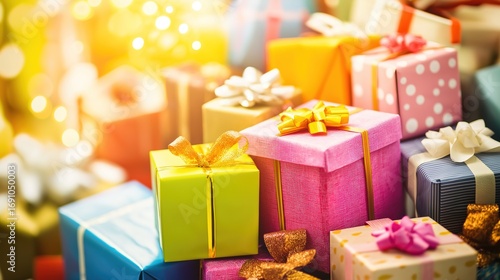 A joyful pile of colorful gift boxes tied with playful ribbons, evoking childhood excitement and wonder.