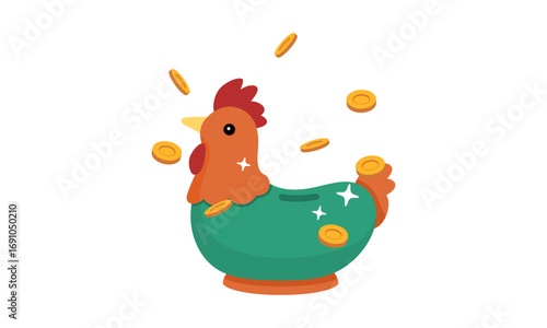 A charming illustration of a green chicken-shaped piggy bank with gold coins, symbolizing savings and wealth.