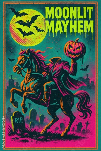 Headless horseman neon design with jack o lantern. Use for haunted house ads, Halloween parties, seasonal posters and horror merchandise
