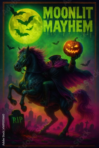 Dark neon headless horseman scene with jack o lantern. Use for horror posters, Halloween promotions, haunted house branding and festival advertising
