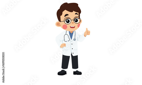 Charming cartoon boy doctor with glasses and a stethoscope giving a thumbs up. A positive and friendly medical professional concept isolated on a white background