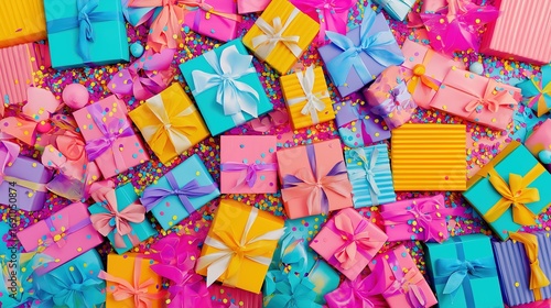 A joyful pile of colorful gift boxes tied with playful ribbons, evoking childhood excitement and wonder.