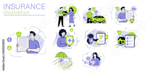 Illustration showcasing various insurance types including home, car, health, and financial protection services