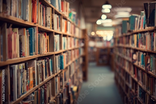 A library aisle lined with wooden shelves overflowing with books leads into a softly blurred background