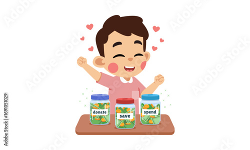 Happy boy learning financial literacy with three jars for saving, spending, and donating money, promoting good financial habits.