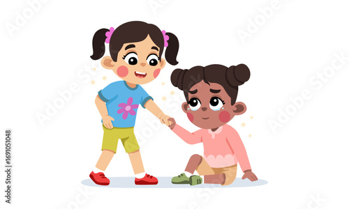 A cheerful girl helping a sad girl up, showing kindness and support.