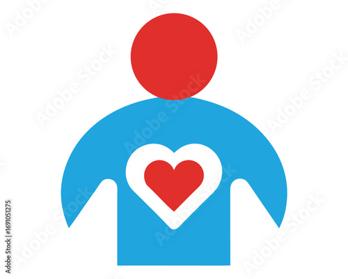 Person with heart icon symbol for wellness and care on white.