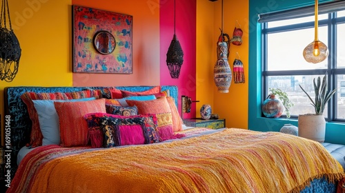 Vibrant bohemian bedroom with colorful walls textiles and eclectic decor creating a warm and inviting atmosphere