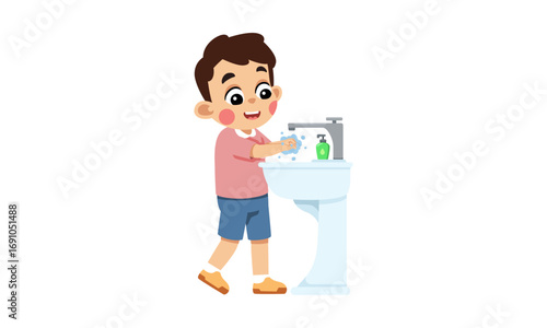 A young boy washes his hands with soap and water at a bathroom sink, promoting hygiene.