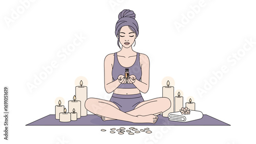 Woman in lotus pose with towel on head holding skincare products and surrounded by beauty items and candles for a relaxing self care routine