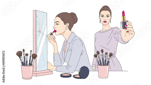 Elegant woman applying lipstick in a mirror with a second woman holding up lipstick showcasing beauty and makeup application
