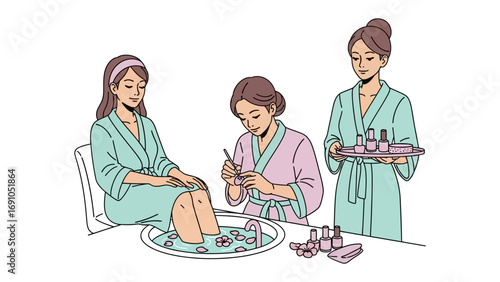 Two women in spa robes receiving pedicures and manicures with a technician holding nail polish bottles and tools for beauty treatments