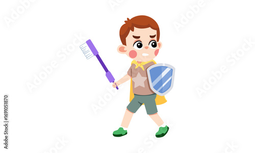 A young boy dressed as a superhero, holding a toothbrush as a weapon and a shield.