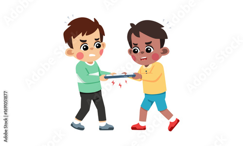 Two boys fighting over a tablet, tugging and pulling, with angry expressions.
