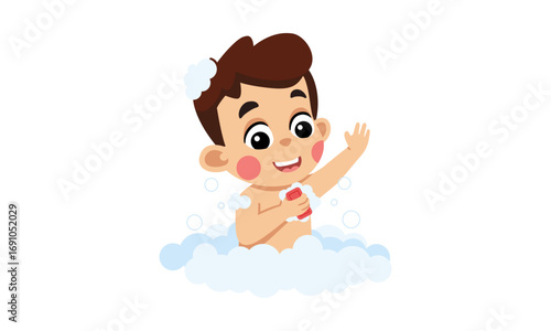 A cute cartoon boy happily taking a bath, surrounded by soap bubbles and waving his hand.