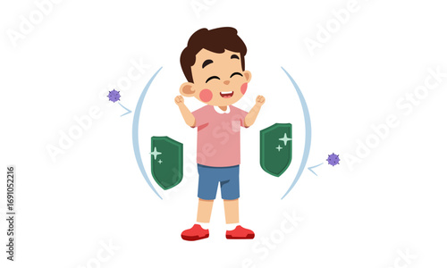 A happy child with arms raised, protected by shields, representing immunity and health.