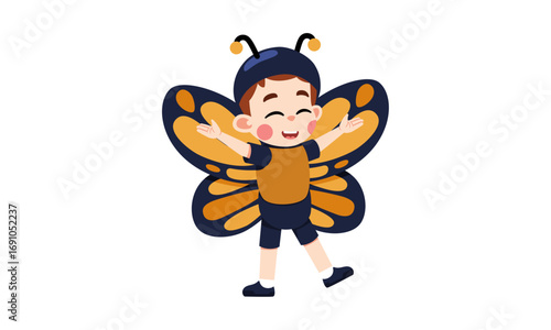 A happy child dressed in a butterfly costume with wings.