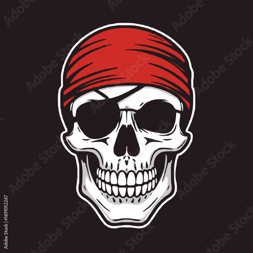 Pirate skull vector illustration with red bandana eyepatch and dark sunglasses scalable graphic transparent background