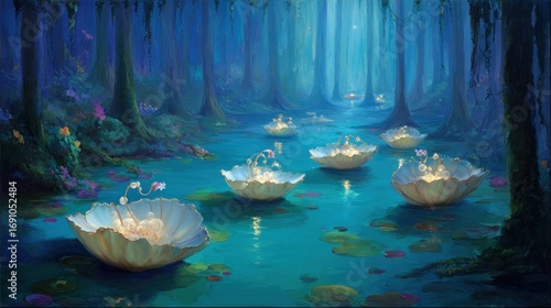 Mystical swamp, lotus flower boats