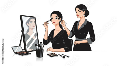 Professional makeup artist applying cosmetic makeup to a young woman s face in front of a mirror with makeup brushes and palette