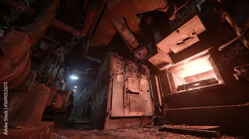 Industrial furnace interior, rusty metal, dark