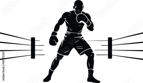Boxer silhouette in fighting stance inside boxing ring, vector illustration of athlete training, sports competition design, martial arts combat, strength and fitness artwork