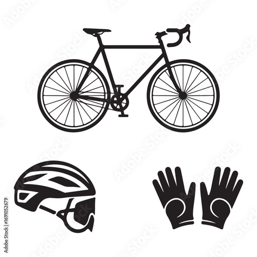 Black silhouette bicycle, helmet, and gloves