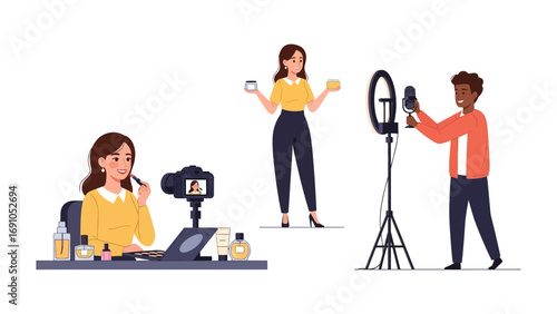Diverse group of content creators filming and recording online videos for social media platforms and vlogging with professional equipment
