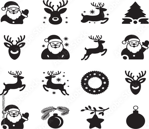 A set of twelve simple, black and white Christmas icons, perfect for use in web design, graphics, or print media.