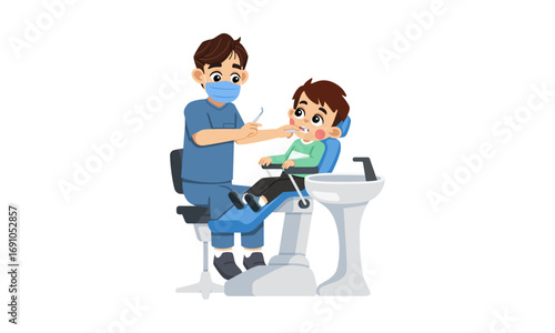 Illustration of a dentist examining a young boy's teeth