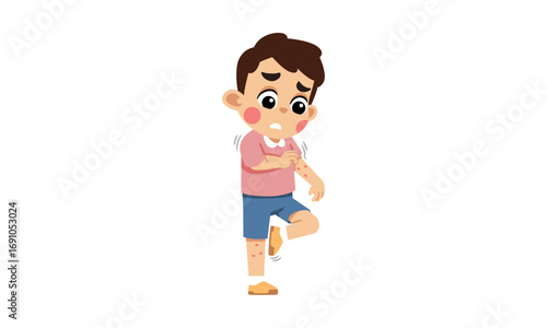 A young boy scratching his arm and leg, showing signs of an allergic reaction or rash.