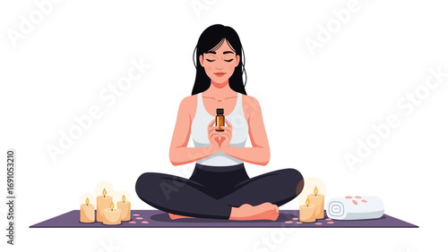 A serene woman with eyes closed meditates in a lotus pose on a yoga mat surrounded by glowing candles and crystals for a peaceful spiritual practice