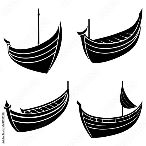 Four stylized black and white viking ships with different mast designs and hull details shown clearly here
