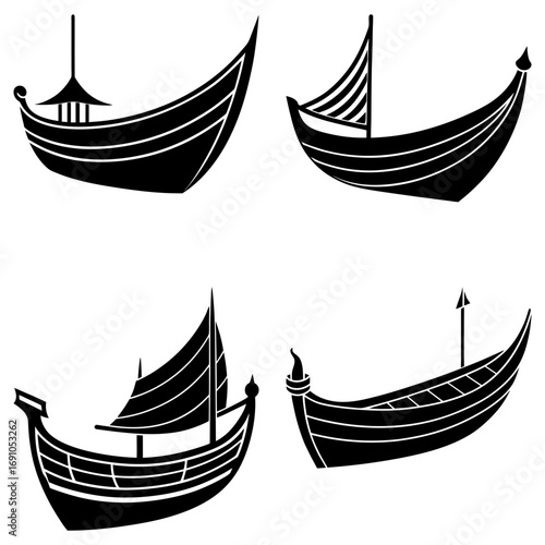 Collection of four distinct traditional boats in black silhouette on a white background artfully arranged