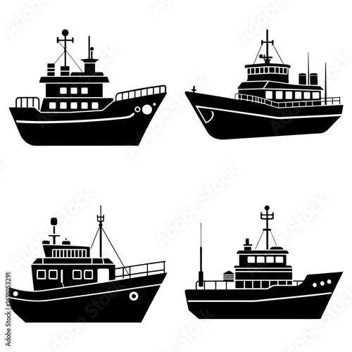Collection of four black silhouette fishing boats with different designs and antenna on a white background