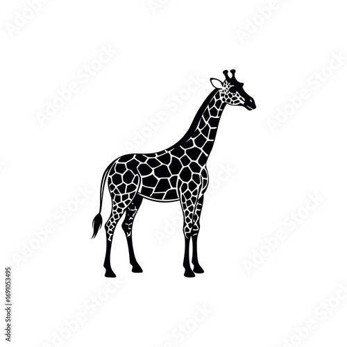 Full body depiction of a giraffe in black and white vector format silhouette 