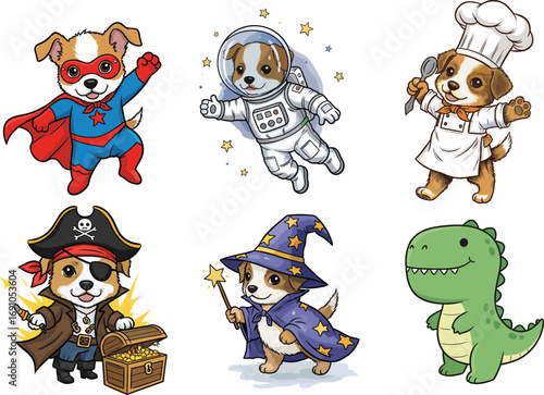 Cartoon dog in various costumes including superhero, astronaut, chef, pirate, wizard, and dinosaur, fun vector illustration for kids