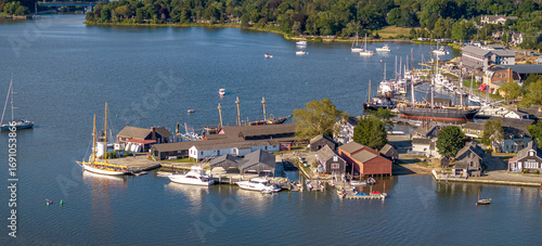 Mystic River, Mystic Connecticut. A view of the river with Mystic Seaport visible in the foreground. 