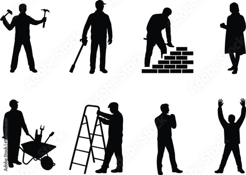 Construction worker silhouettes, builder men with tools, laborers working, mason bricklayer, 
