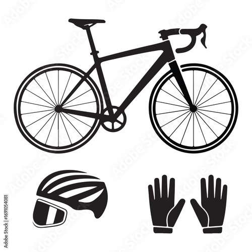 Road bicycle with helmet and gloves icons