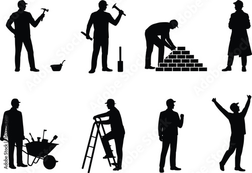 Construction worker silhouettes with tools, builder men working, laborer professions, mason bricklayer, 