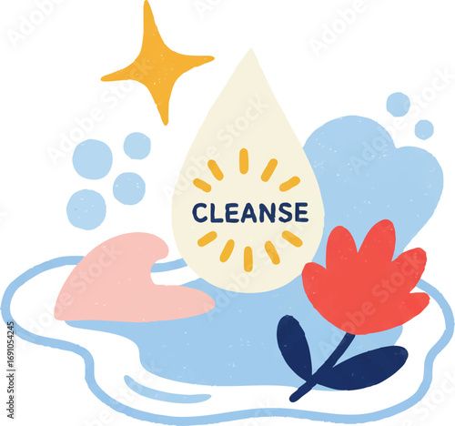 Fresh Cleanse Water Drop with Flower and Sparkle Concept Vector