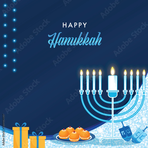 Happy Hanukkah greeting card with glitter. Festive design with a menorah, gifts and traditional food.