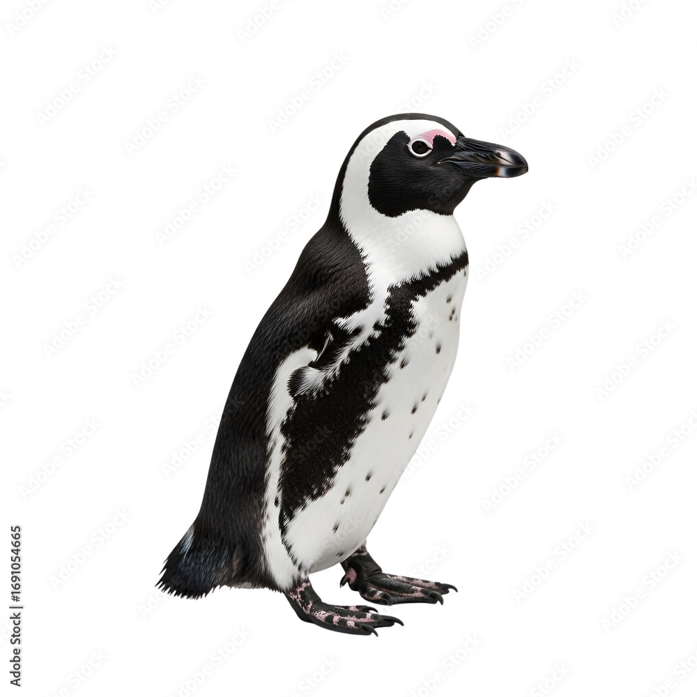 Obraz premium A full-body studio shot of an African penguin standing on a white background, showcasing its distinctive black and white plumage and pink eye patches.