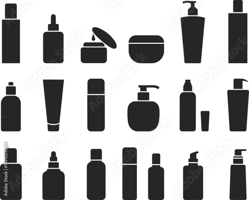 Cosmetic bottles and containers silhouette, lotion pump, spray, cream jar, dropper, tube packaging, vector illustration for skincare, beauty, makeup, cosmetic product design