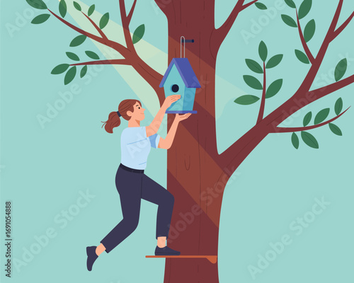 Caring for nature a woman gently places a birdhouse in a tree, creating a safe home for feathered friends