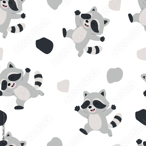 Seamless pattern with cute raccoons. Cartoon woodland animals for kids fabric, wallpaper and wrapping paper. Vector illustration.