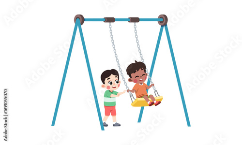 Two children on a swing set, one pushing the other.